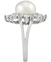 Cultured Freshwater Pearl (10mm) & Cubic Zirconia Flower Ring in Sterling Silver