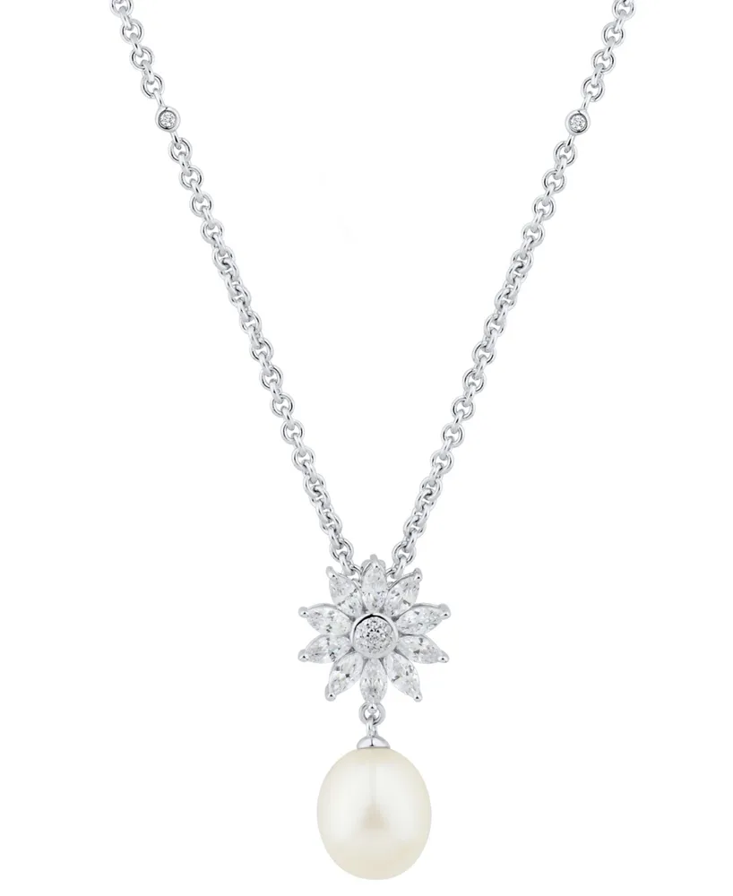 Cultured Freshwater Pearl (10 x 8mm) & Cubic Zirconia Starburst 18" Pendant Necklace in Sterling Silver