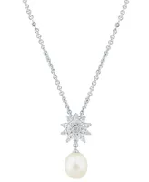 Cultured Freshwater Pearl (10 x 8mm) & Cubic Zirconia Starburst 18" Pendant Necklace in Sterling Silver