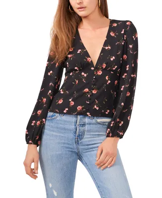 1.state Women's Floral V-Neck Button Front Long-Sleeve Blouse