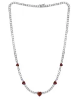 Simulated Ruby and Cubic Zirconia Heart Station Necklace in Fine Silver Plate