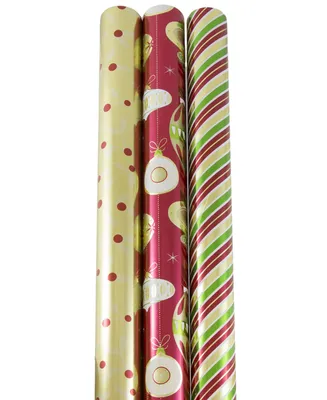 Jam Paper Assorted Gift Wrap 75 Square Feet Christmastime Christmas Foil Wrapping Paper Rolls, Pack of 3