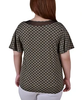 Plus Short Sleeve Knit Top with Sheer Inset