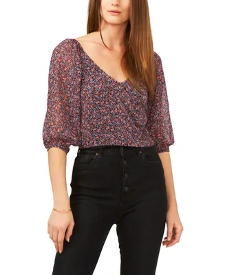 1.state Women's Puff 3/4-Sleeve V-Neck Floral Print Blouse