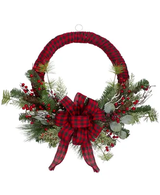 24" Buffalo Plaid and Berry Unlit Artificial Christmas Wreath