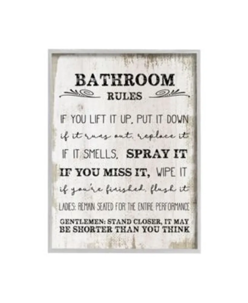 Stupell Industries Bathroom Rules Funny Word Wood Textured Design Gray Farmhouse Rustic Framed Giclee Texturized Art Collection By Daphne Polselli