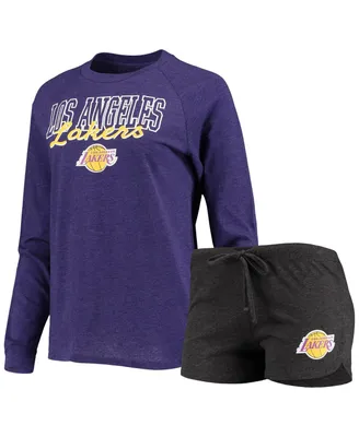 Women's Heathered Black, Purple Los Angeles Lakers Raglan Long Sleeve T-shirt and Shorts Sleep Set