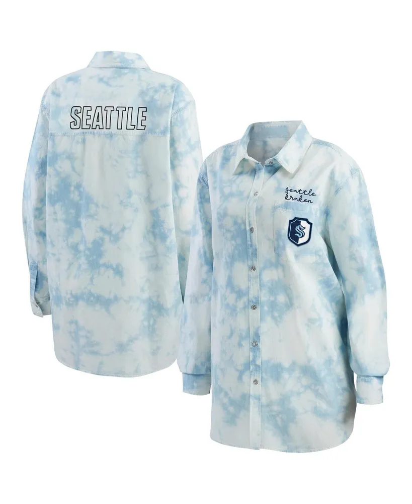 Wear by Erin Andrews Women's White Seattle Kraken Oversized Tie-Dye Button-Up Denim Shirt