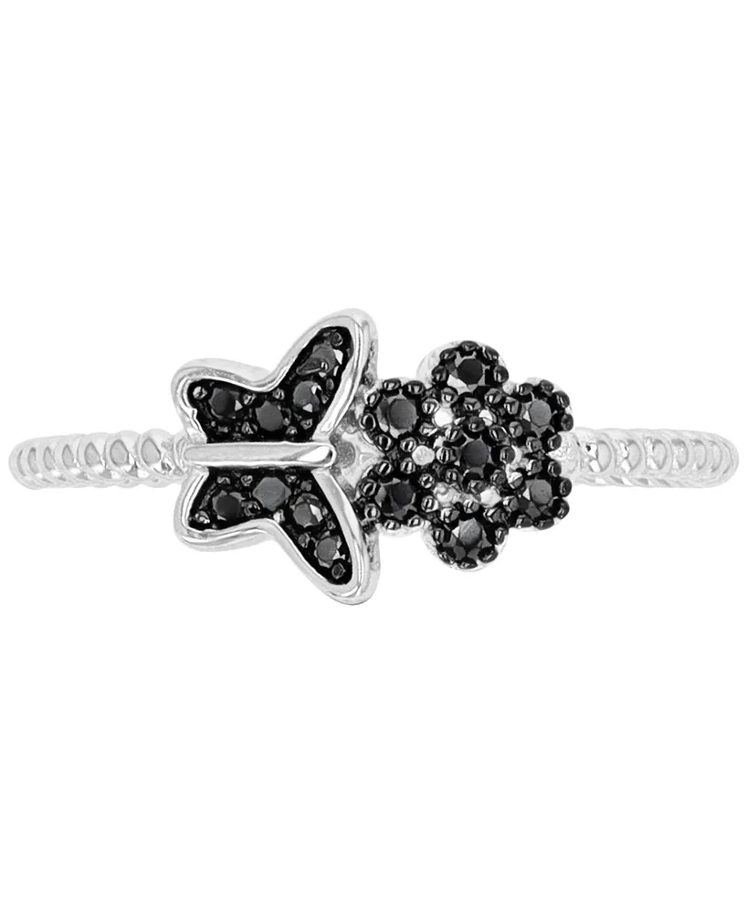 Black Spinel Butterfly & Flower Ring (1/5 ct. t.w.) Sterling Silver Rhodium-Plate