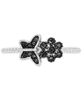 Black Spinel Butterfly & Flower Ring (1/5 ct. t.w.) Sterling Silver Rhodium-Plate