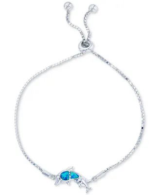 Lab-Created Blue Opal Dolphin Bolo Bracelet in Sterling Silver