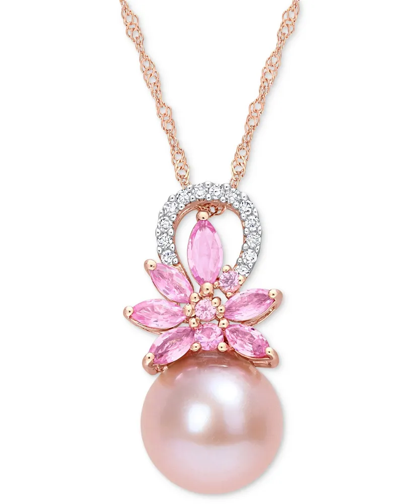 Pink Cultured Freshwater Pearl (9-1/2mm), Sapphire (7/8 ct. t.w.) & Diamond (1/20 17" Pendant Necklace 14k Rose Gold (Also White