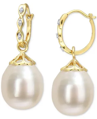 Cultured South Sea Pearl (9 - 9-1/2mm) & Diamond Accent Drop Earrings in 14k Gold