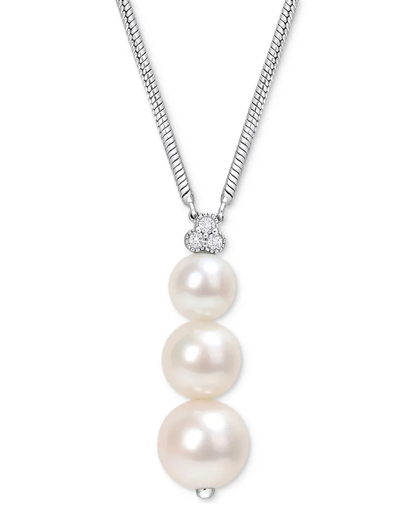 Cultured Freshwater Pearl (6 - 8-1/2mm) & White Topaz (1/10 ct. t.w.) Graduated 18" Pendant Necklace in Sterling Silver