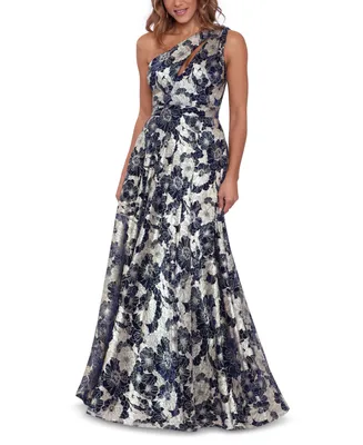 Betsy & Adam Metallic-Floral One-Shoulder Gown