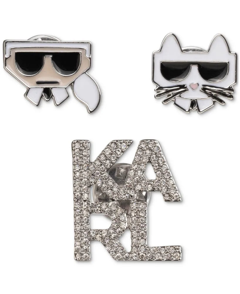 Karl Lagerfeld Paris Silver-Tone 3-Pc. Set Pave Logo & Choupette Pins