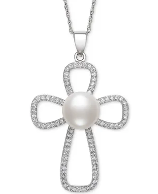 Belle de Mer Cultured Freshwater Button Pearl (10mm) & Cubic Zirconia Cross 18" Pendant Necklace in Sterling Silver