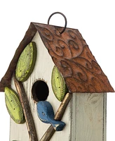 Glitzhome 9.75" Washed Birdhouse with 3D Tree and Bird