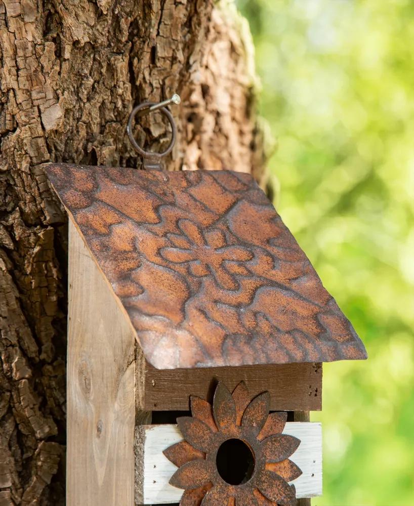 Glitzhome 14.5" Distressed Birdhouse with 3D Rustic Flowers