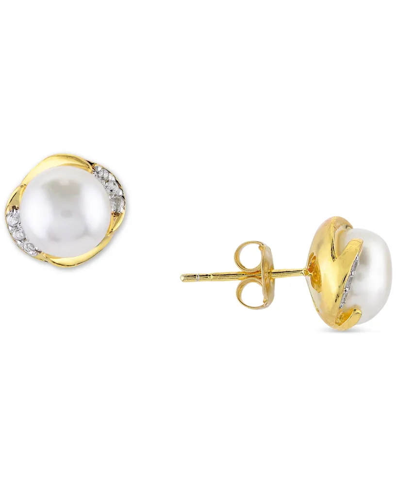 Cultured Freshwater Pearl (7mm) & White Topaz (1/6 ct. t.w.) Stud Earrings in 14k Gold-Plated Sterling Silver