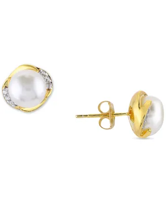 Cultured Freshwater Pearl (7mm) & White Topaz (1/6 ct. t.w.) Stud Earrings in 14k Gold-Plated Sterling Silver