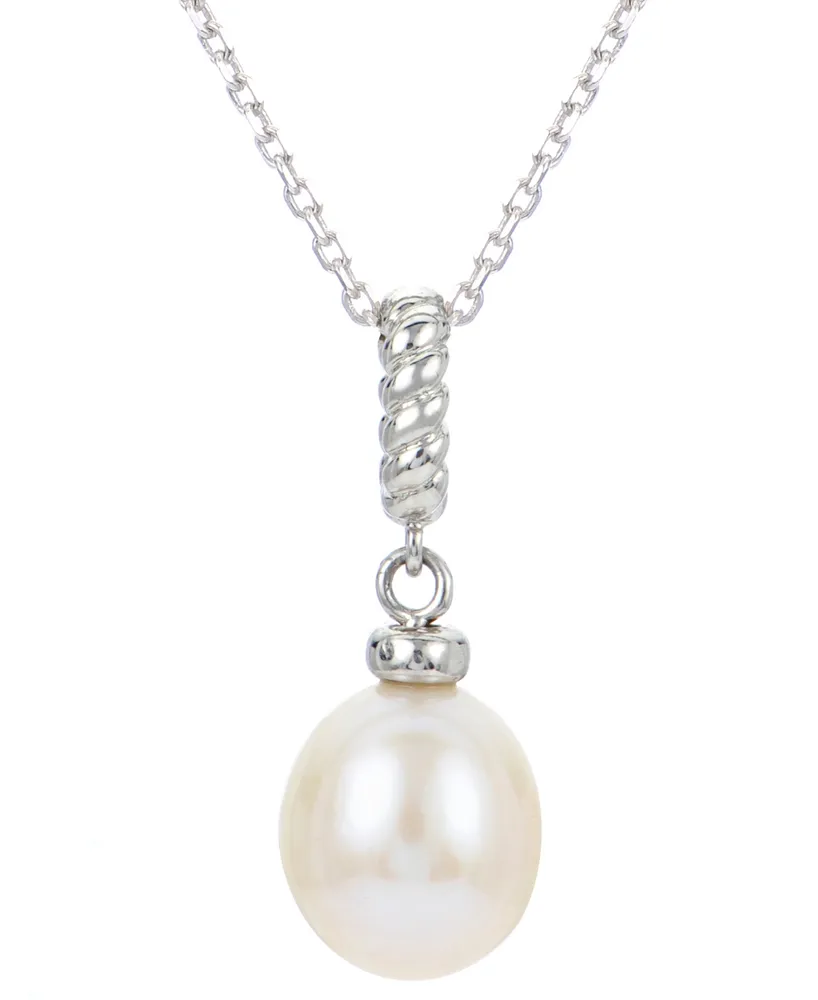 Cultured Freshwater Pearl (8mm) Twist Rope Pendant Necklace in Sterling Silver, 16" + 2" extender