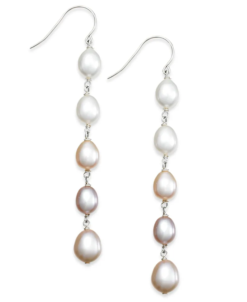 Multi-Colored Cultured Freshwater Pearl Linear Earrings in Sterling Silver (7mm)