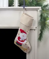 19" Burlap Skiing Santa with Poles and Snowflakes Christmas Stocking