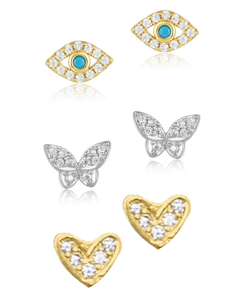 Adornia Heart, Evil Eye, and Butterfly Stud Earring Set