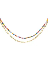 Adornia Multi Color Bead and Paper Clip Chain Double Necklace