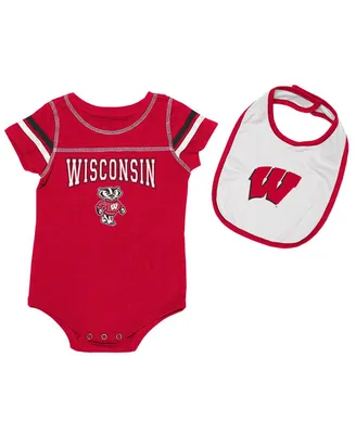 Newborn and Infant Girls Boys Red, White Wisconsin Badgers Chocolate Bodysuit Bib Set