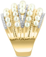 Effy Cultured Freshwater Pearl (4mm) & Diamond (3/8 ct. t.w.) Multirow Statement Ring in 14k Gold