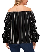 Vince Camuto Plus Striped Off The Shoulder Bubble Sleeve Tie Front Blouse