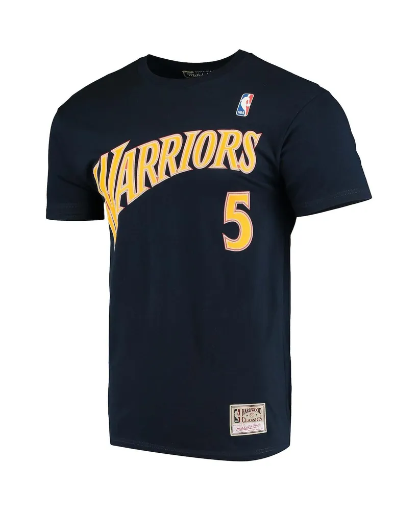 Men's Mitchell & Ness Baron Davis Navy Gold State Warriors Hardwood Classics Stitch Name and Number T-shirt