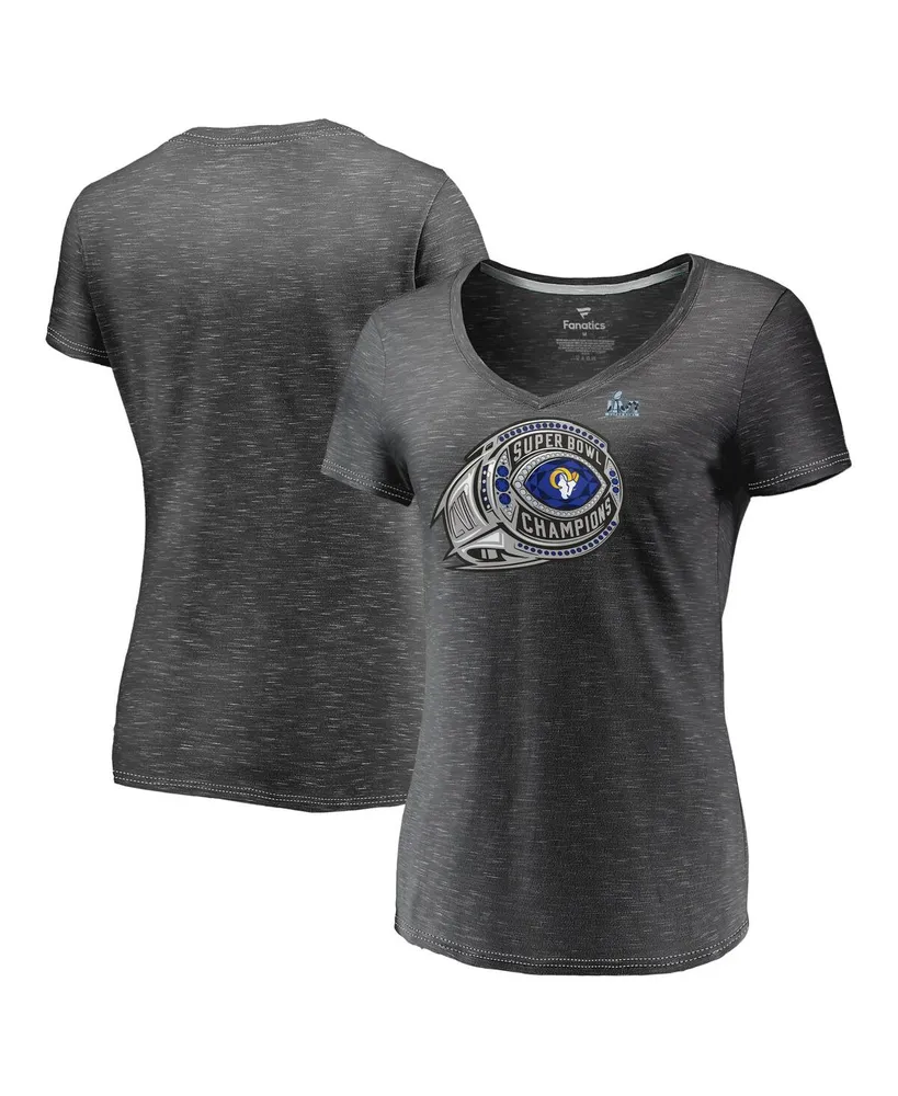 Women's Fanatics Heather Charcoal Los Angeles Rams Super Bowl Lvi Champions Ring Bling V-Neck T-shirt