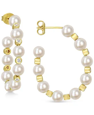 Cultured Freshwater Pearl (4-1/2 - 5mm) & White Topaz (1/2 ct. t.w.) Hoop Earrings in Gold-Tone Plated Sterling Silver