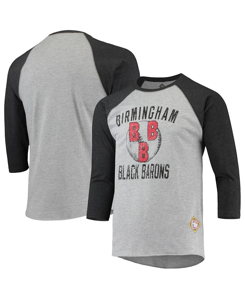 Men's Stitches Heather Gray, Black Birmingham Black Barons Negro League Wordmark Raglan 3/4 Sleeve T-shirt