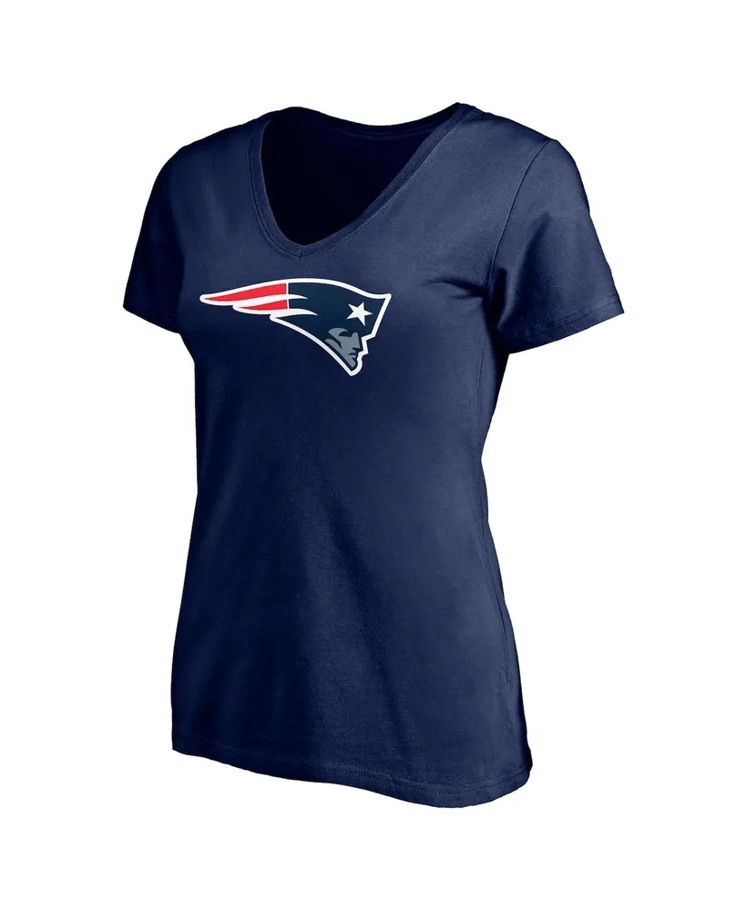 Women's Fanatics Mac Jones Navy New England Patriots Logo Player Icon Name Number V-Neck T-shirt