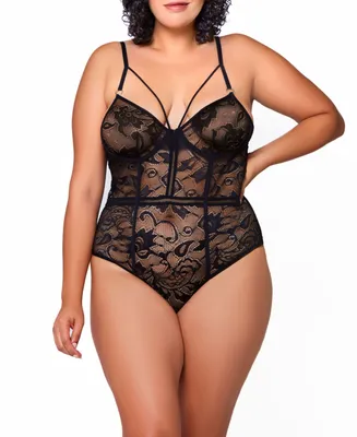 iCollection Plus Gabriel Embroidered Lace and Mesh Bodysuit