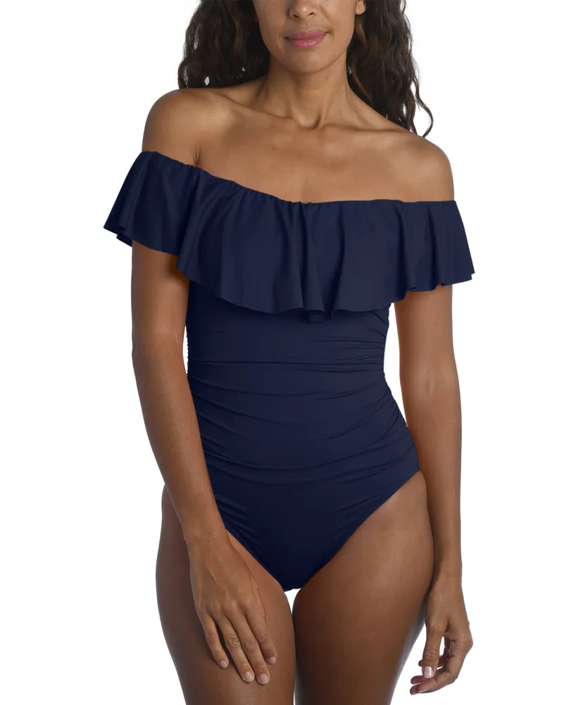 La Blanca Island Goddess Off-The-Shoulder Ruffled Tummy-Control One-Piece Swimsuit