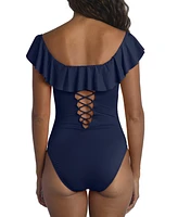 La Blanca Island Goddess Off-The-Shoulder Ruffled Tummy-Control One-Piece Swimsuit