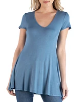 24seven Comfort Apparel Women's Short Sleeve Loose Fit Tunic Top with V-Neck