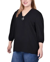 Plus 3/4 Puff Sleeve Top with Detachable Necklace