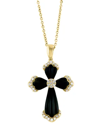 Effy Onyx & Diamond (1/6 ct. t.w.) 18" Cross Pendant Necklace in 14k Gold