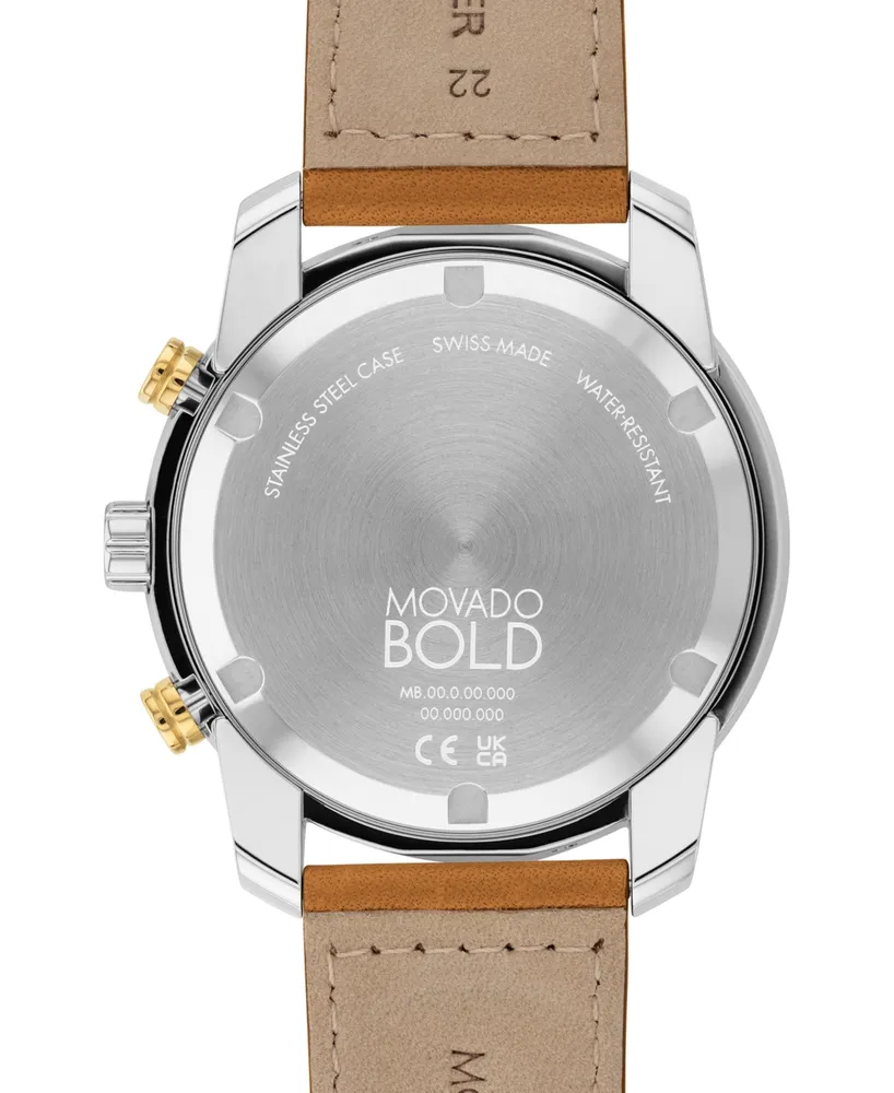 Movado Men's Swiss Chronograph Bold Verso Brown Leather Strap Watch 44mm