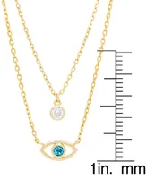 Blue Topaz (1/4 ct. t.w.) & Cubic Zirconia Evil Eye & Solitaire Layered Necklace in 14k Gold-Plated Sterling Silver, 13-1/2" + 2" extender