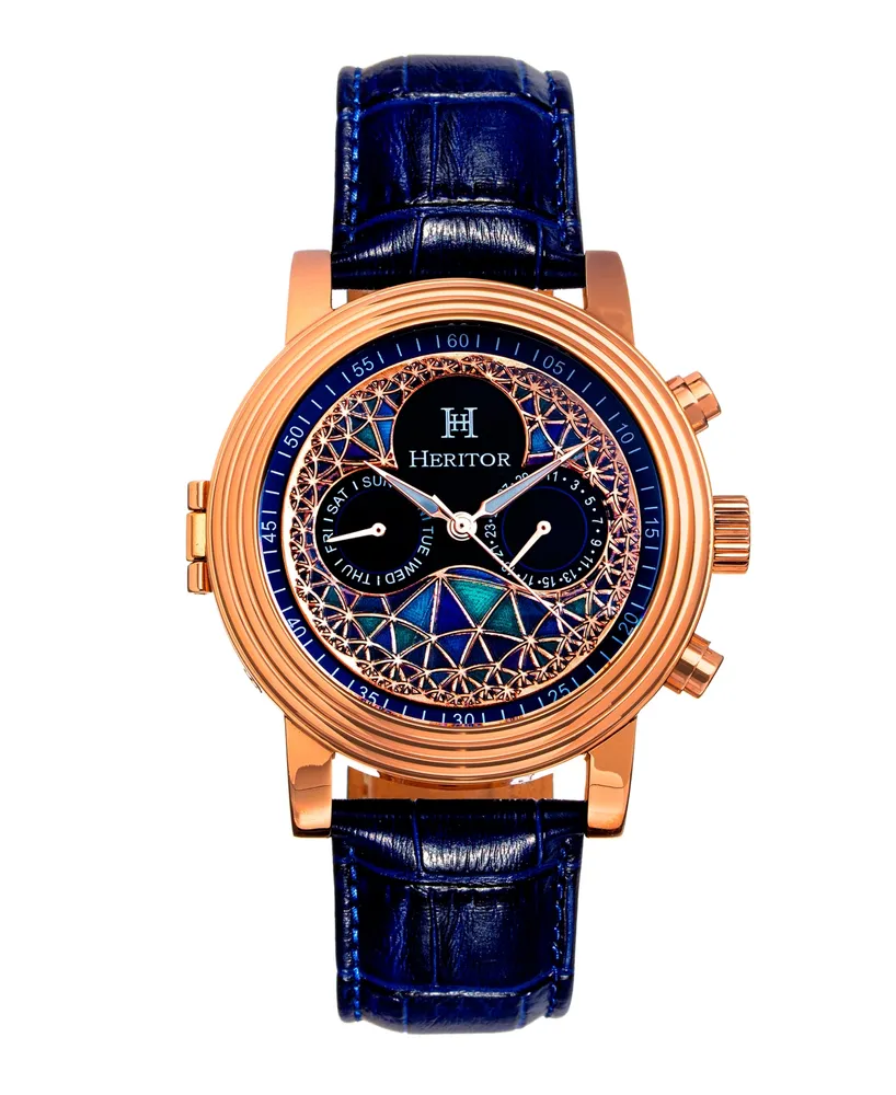 Heritor Automatic Legacy Black or Blue or Brown Genuine Leather Band Watch, 44mm - Rose Gold