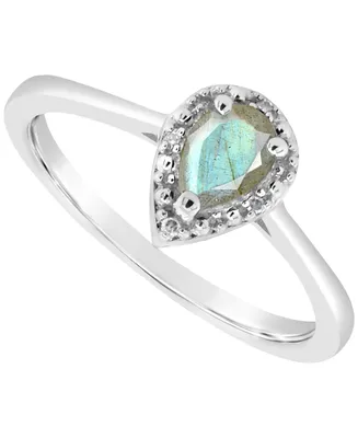 Labradorite & Diamond Accent Pear Ring Sterling Silver (Also Onyx Turquoise)