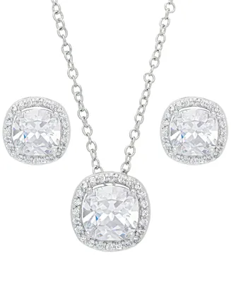 Women's Fine Silver Plated White Cubic Zirconia Cushion Halo Set, 3 Pieces