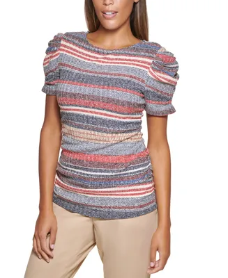 Dkny Women's Striped Ruched-Sleeve Knit Top